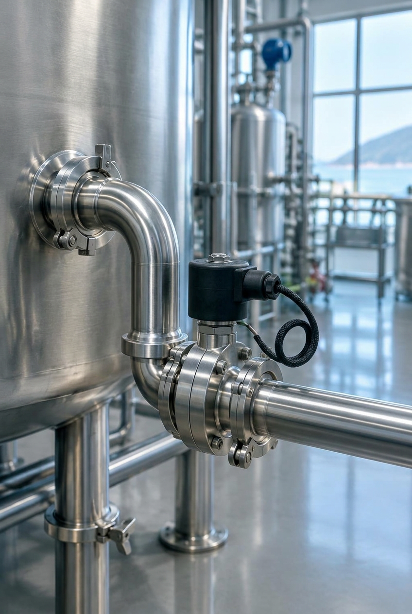 Stainless steel process piping with a solenoid valve in the production line